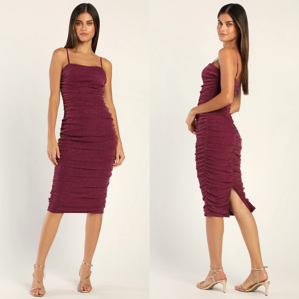 Lulus | Here to Dazzle Magenta Metallic Ruched Mesh Bodycon Midi Dress
